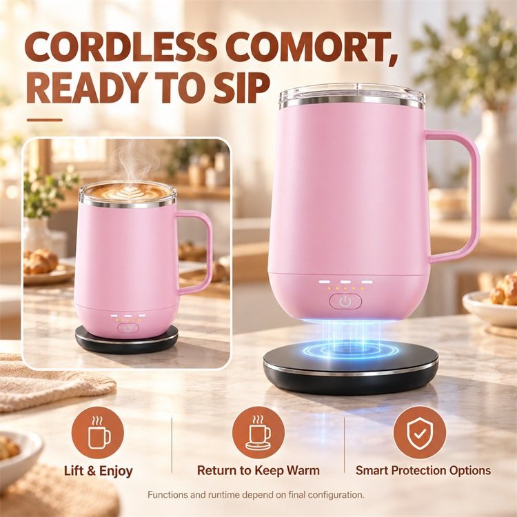 Wireless Charging Heated Mug, Multiple Temperature Settings with One-Button Control, Rechargeable Cordless Coffee Cup with Stainless Steel Liner,