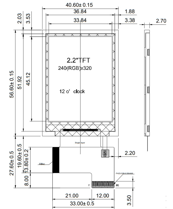 2.2 inch TFT display technical drawing and dimensions