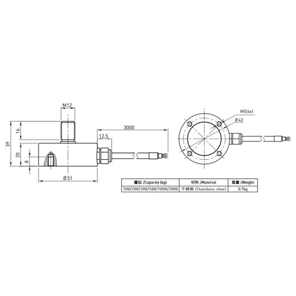 Capacity 100kg - 2000kg Micro Force Sensor , Easy Mounting Miniature Force Sensor