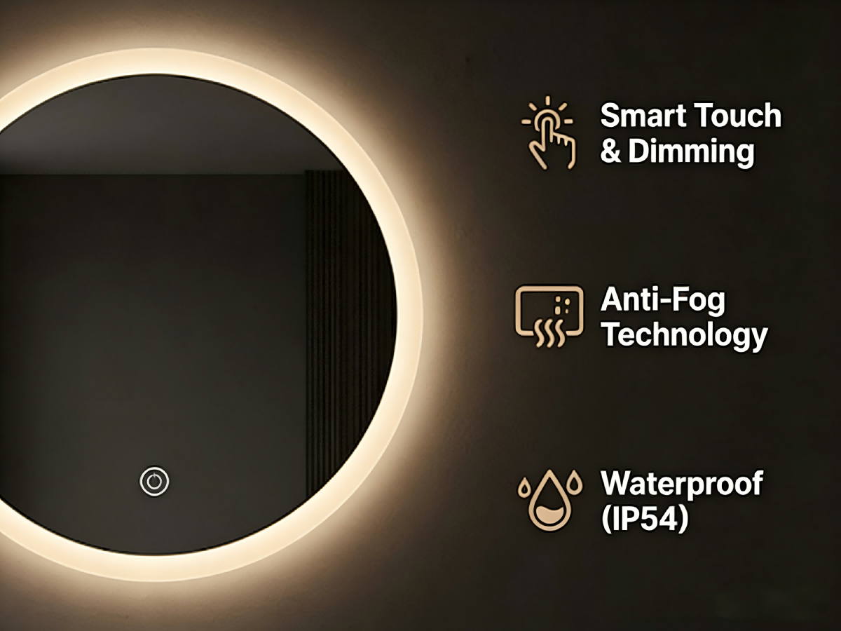 Kingstin Smart LED Round Mirror with Dimmable Light Touch Control Time Display Anti-Fog for Bathroom Living Room