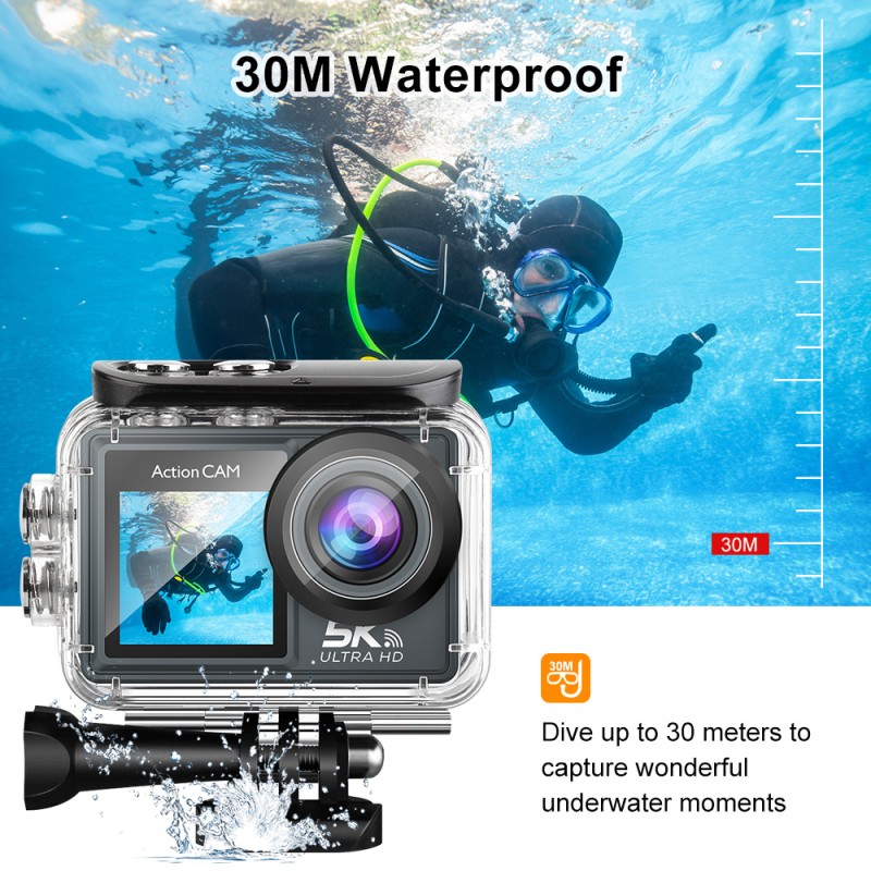 5K Dual Screen Action Camera with MIC EIS Stabilization WiFi Remote Control Waterproof for Outdoor Sports