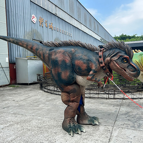 Close-up view of velociraptor costume details and construction