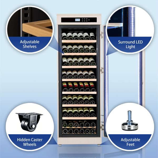 Modern Light Beige Solid Wood Kitchen Wine Cooler with Digital Control Panel and Arched Glass Door