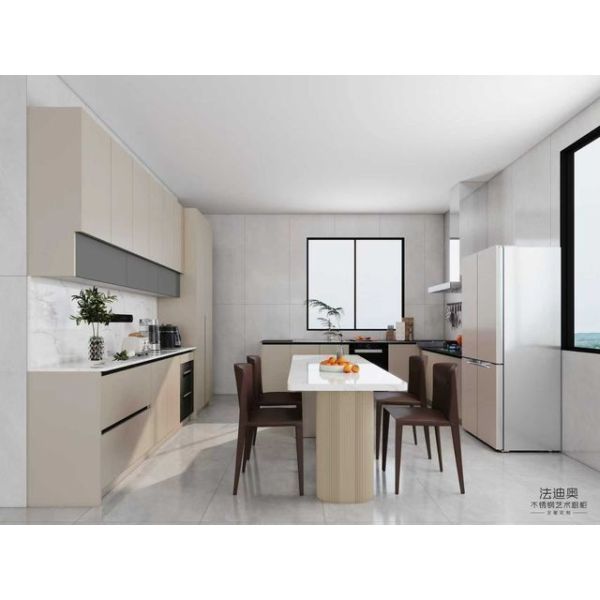 Beige Stainless Steel Kitchen Cabinets with Integrated Dining Table