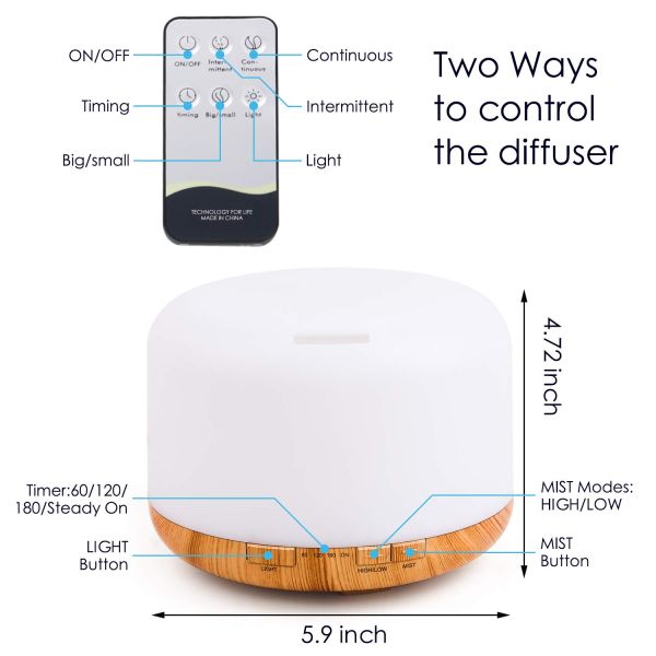 Remote Control 500ml Aromatherapy Essential Oil Diffuser with LED Light Air Humidifier for Office Home Study Yoga Spa