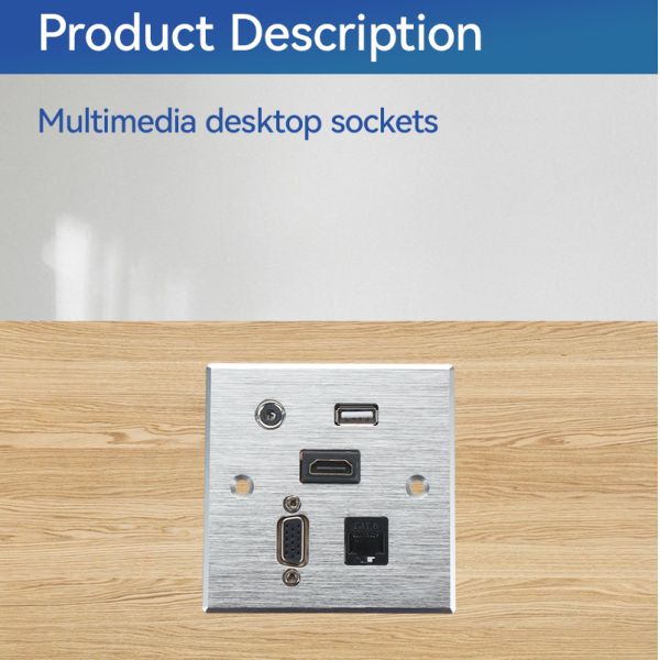 Multimedia wall socket front view showing various ports and connections