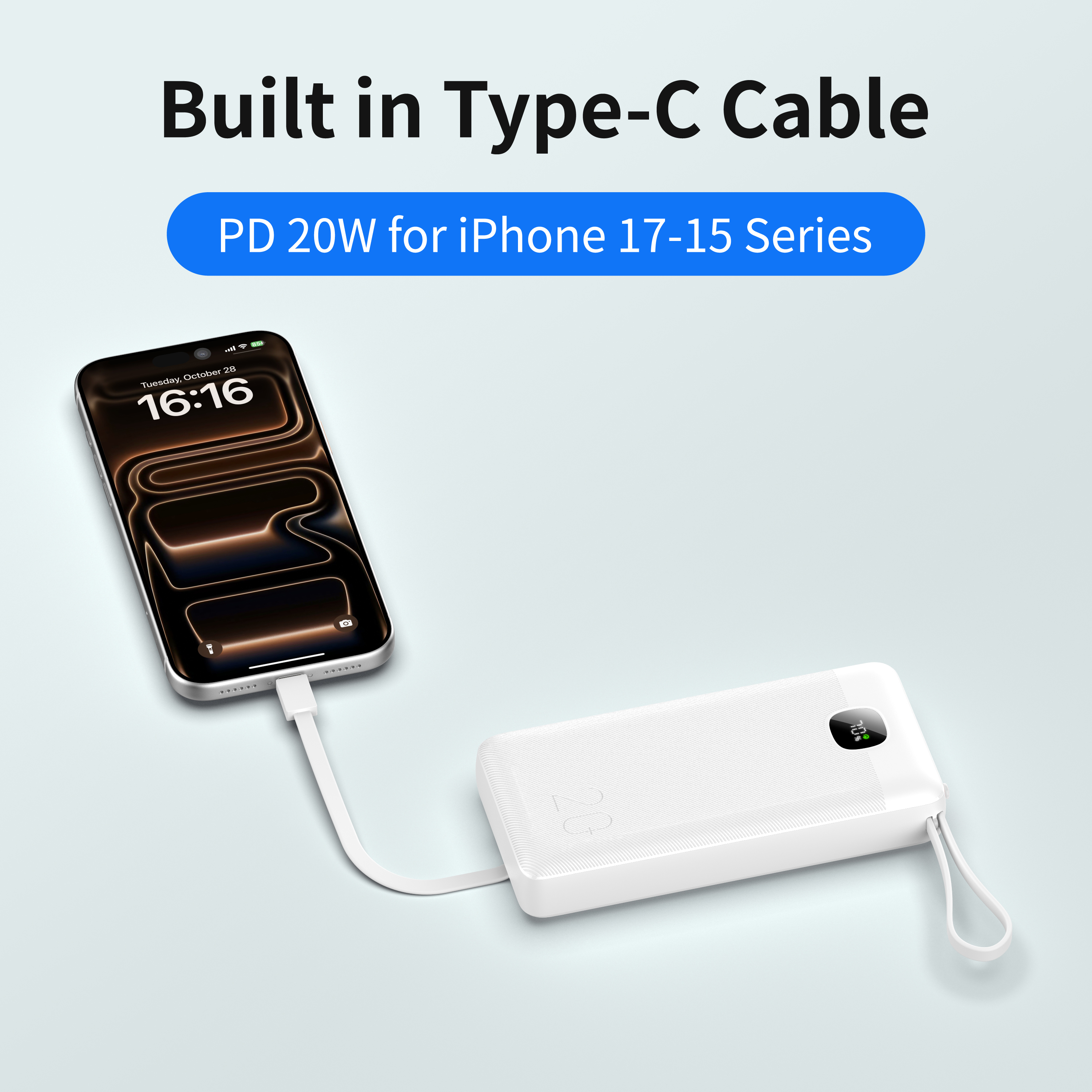 Portable 20000mAh External Battery Pack, 3 Pre‑Built Charging Cables(Type‑C/Lightning/USB), Fast Charge Powerbank with Type‑C Input Output & USB‑A