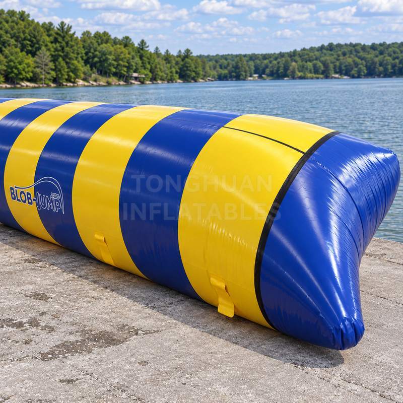 Yellow and Blue Inflatable Blob Jump Launch Bag with Attachment Tabs for Commercial Water Parks and Outdoor Resorts