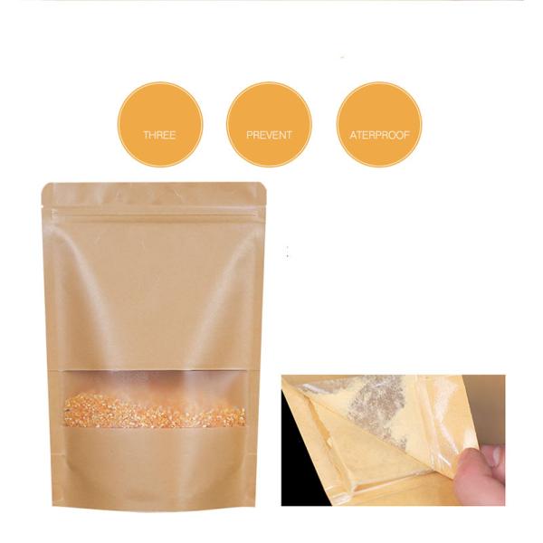 Brown Kraft Paper Biodegradable Stand Up Pouch With Window