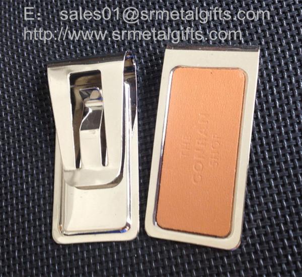 Buy Silver stainless steel money clip with stamped logo leather pad, at wholesale prices