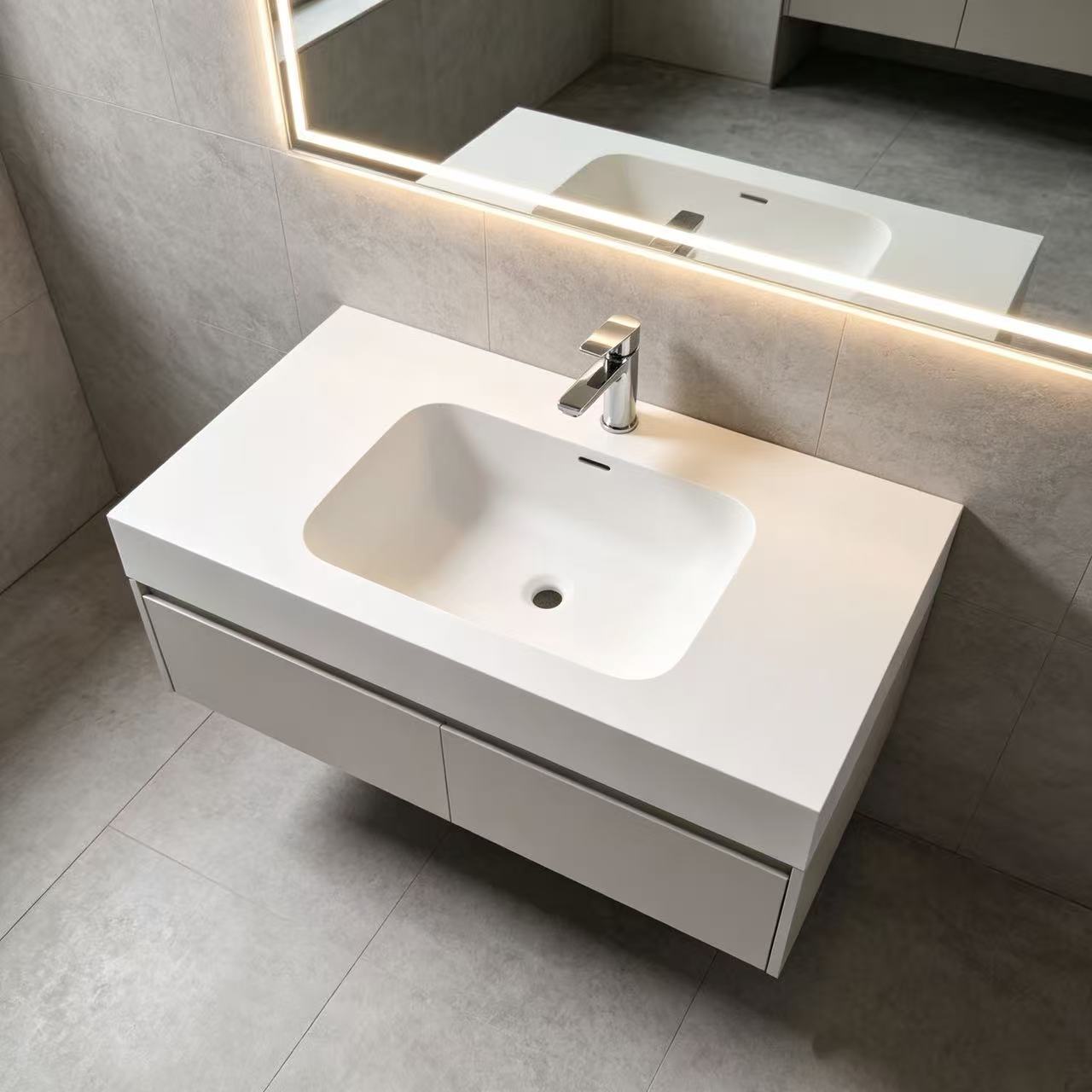 SOLID SURFACE INTEGRATED VANITY WITH ROUNDED RECTANGULAR BASIN,SOLID SURFACE