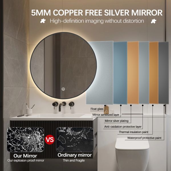 Aluminium Alloy Framed Round Bathroom Mirror With Back Light