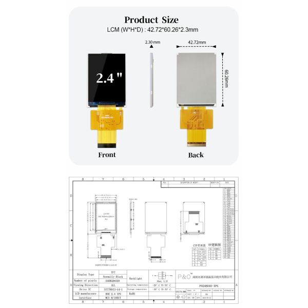 Polcd 2.4 Inch IPS LCD Screen High Brightness 450 Nit MCU ST7789V 240x320 Resolution TFT LCD Display Module