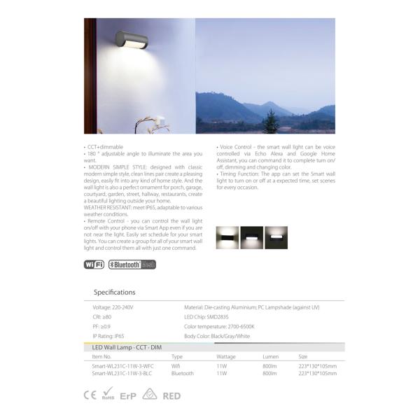 180 ° Adjustable Angle Smart LED Wall lamp IP65 CCT+DIM WiFi Bluetooth