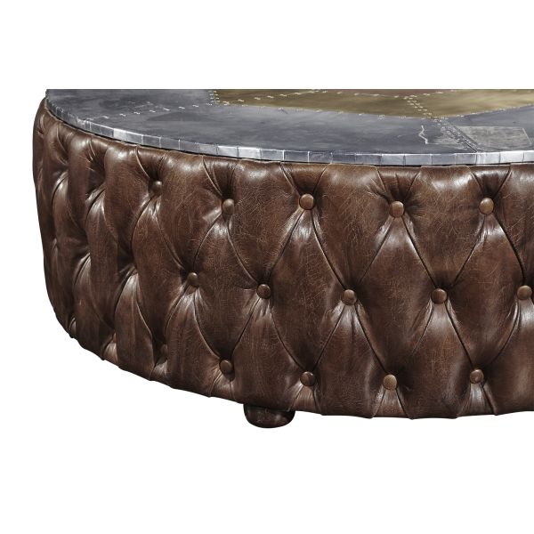 Round Shape Vintage Retro Side Coffee Table Top Genuine Leather Buttons Decoration