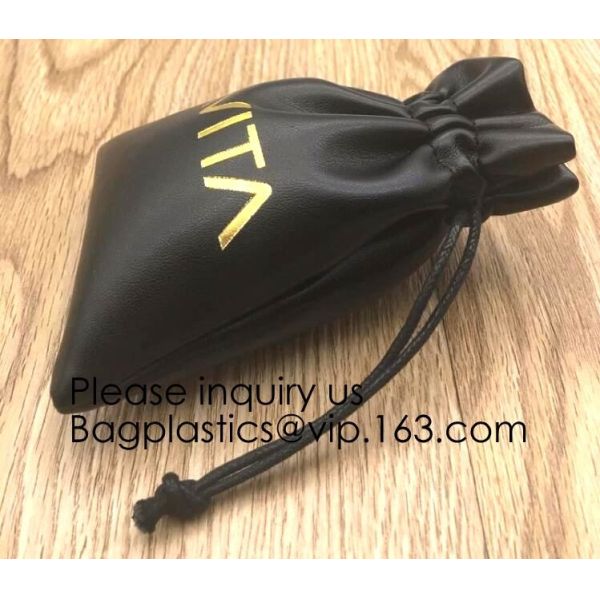 Black Pu Leather Drawstring Pouch Bag For Jewelry Earpiece,Electronics Storage Graven Branded Drawstring Soft PU Leather