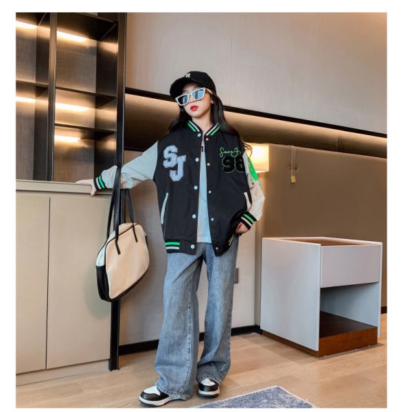 Aged 4-16 Childrens Spring Clothes Girls Patchwork Printed Baseball Jacket