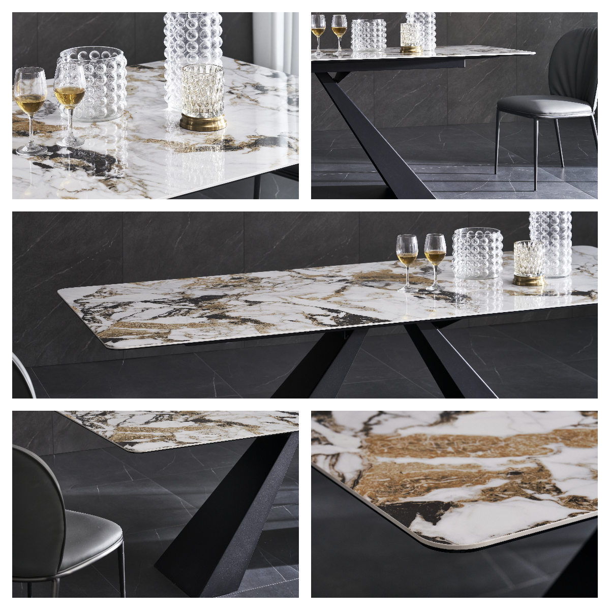 Factory Light Luxury Marble Rectangular Dining Table And Chairs Set With Metal Legs Modern Villa Dining Room Furniture
