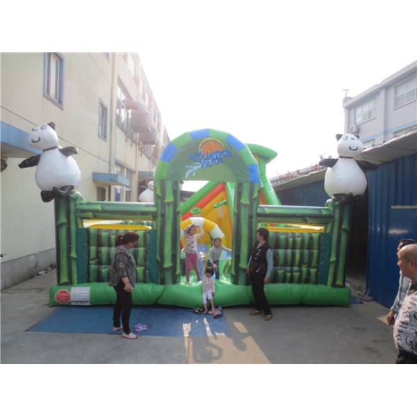 Panda Theme Inflatable Bounce House Slide Combo with Bamboo Graphics and Mesh Play Area for Kids Events