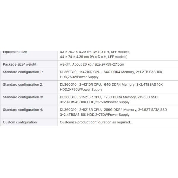 HPE DL360Gen10/G10 1U Rack Server 2 Processors for Memory Frequency Selection of 2666/2933/3200MHz