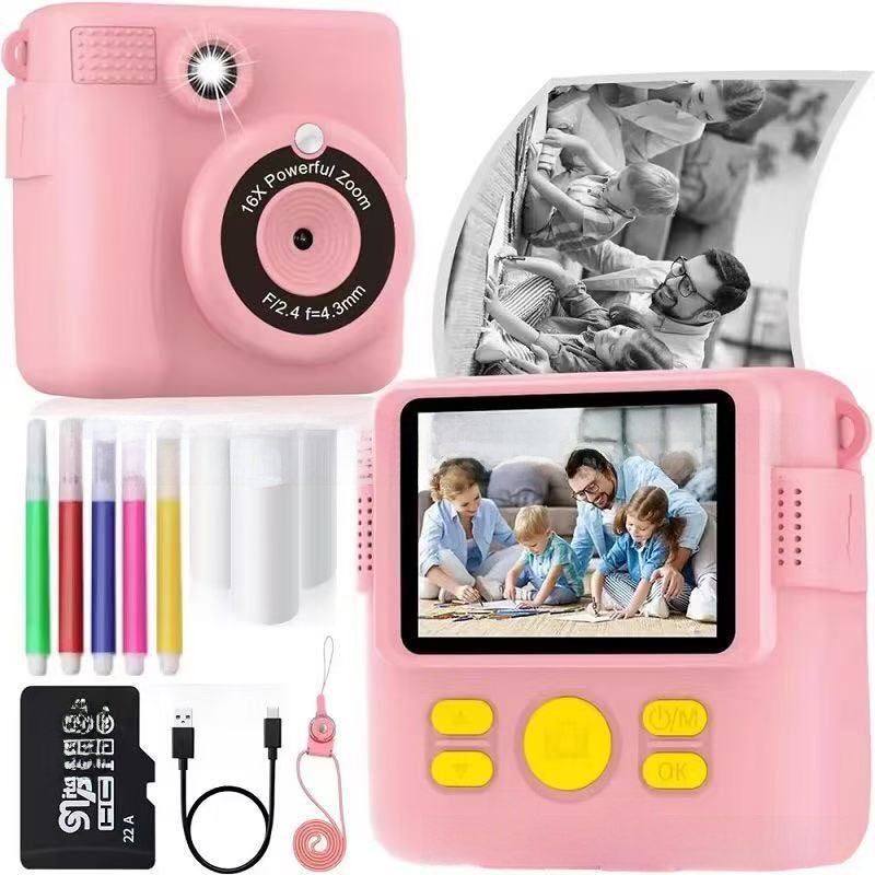 Instant Print Children's Digital Thermal Mini Camera with CMOS Sensor MicroSD Plastic 4K Video 2.4" Screen Dual Lenses