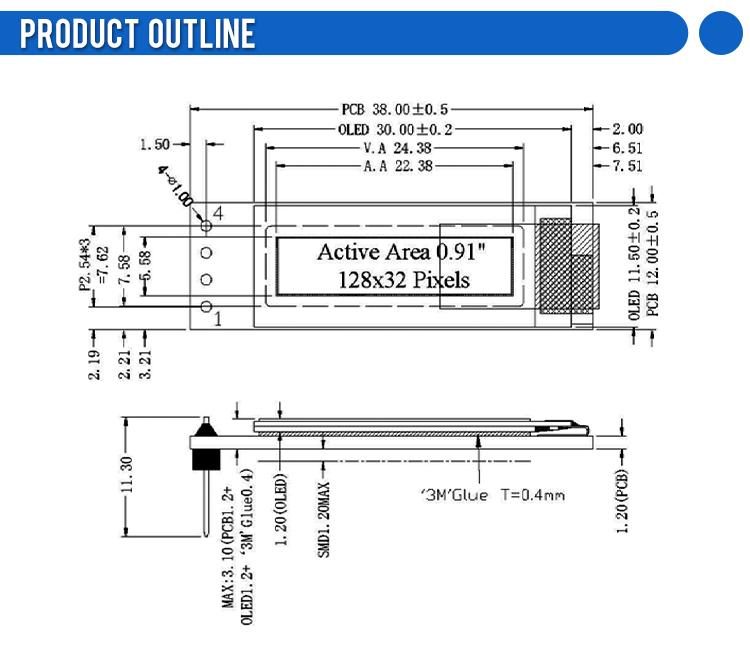 OLED0.91 Blue LCD Screen Module 128*32 I2C Wide Temperature Full View SSD1306 Controller