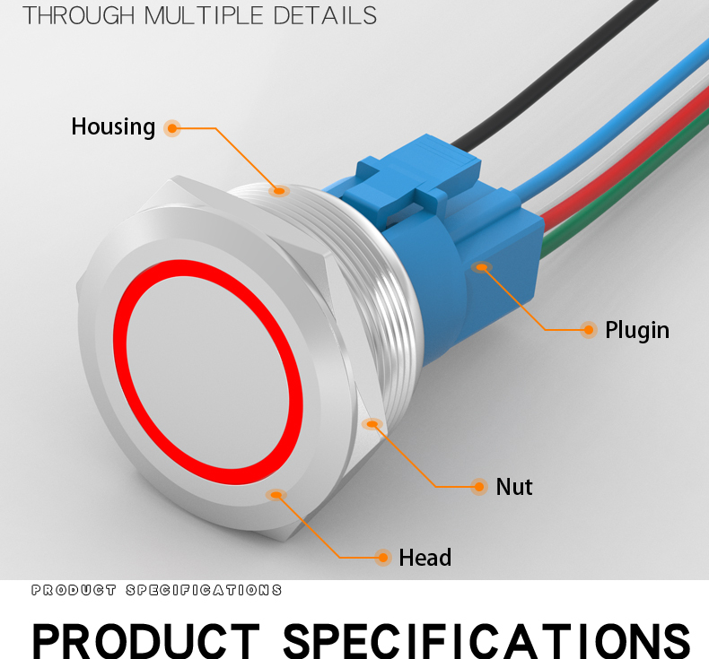 30mm metal push button switch, self-locking reset, with light ring, stainless steel start-stop button