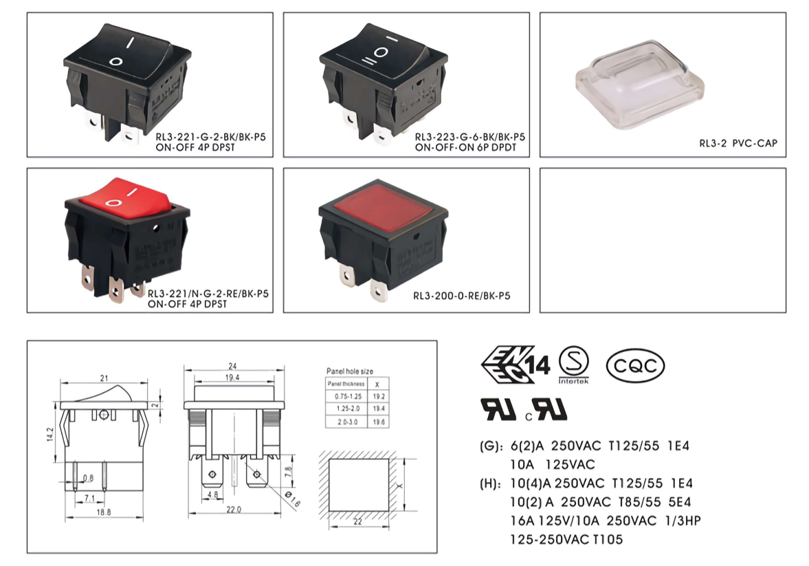 Model Panel Mount Toggle Switch 16A 250VAC Certified CQC IP18 Quick Connect 4P/6P Rocker Switches