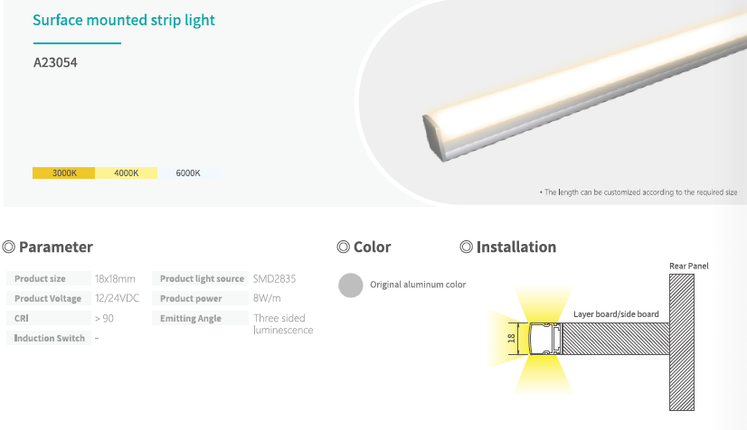 Custom Length Three Sided Under Cabinet High CRI 12/24V Surface Mounted LED Lighting