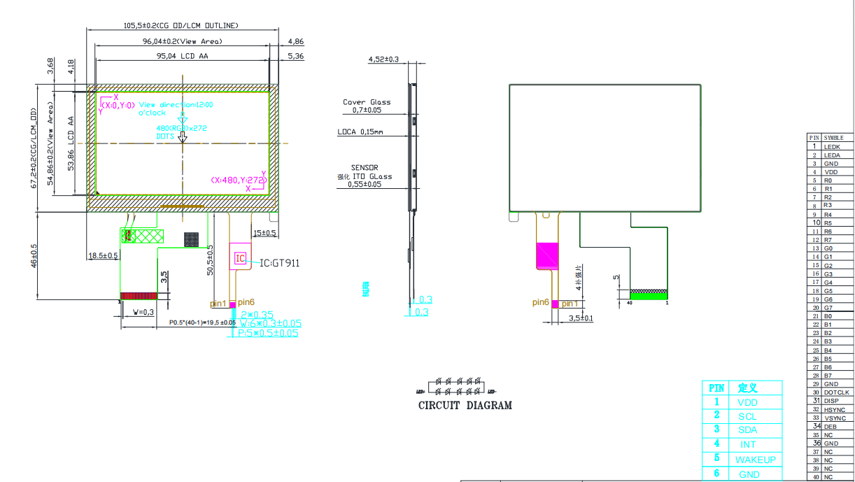 4.3 inch IPS LCD Module 480x272 Capacitive TFT Touch Screen 450 Cd/M2 RGB 24 Bit Interface