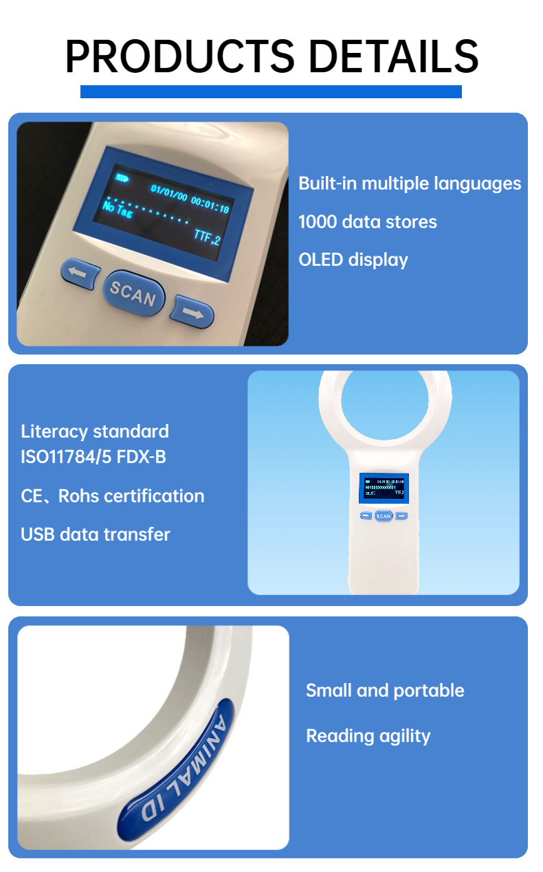 Durable Plastic PT200 RFID Handheld Reader With 128x64 OLED Screen ISO11784/5 Protocol Long Range Reading For Pets And Farm Use
