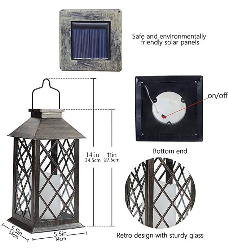 11 Inch Brushed Solar Powered Flickering Candle Lanterns