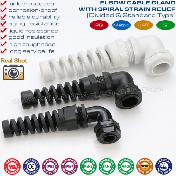 Right Angle (Elbow) Spiral Plastic PG Cable Glands with Flexible Cable Protector 90 Degree Elbow (Right Angle) Plastic PG Flexible Cable Glands with Spiral Cable Protector