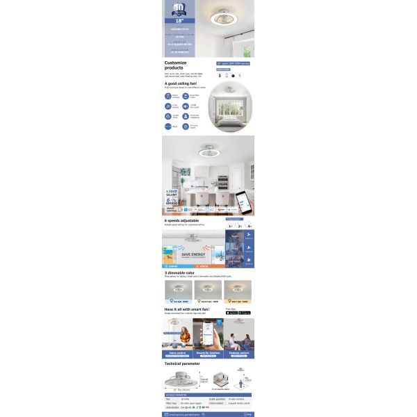 6 Speeds Adjustable Ceiling Fan Hidden Blades Remote Control LED Light Source 1stshine