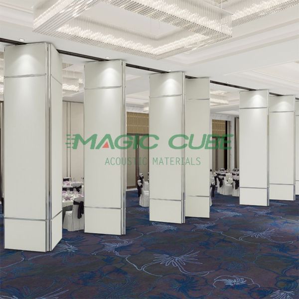Movable partition system installation in commercial space showing professional track system