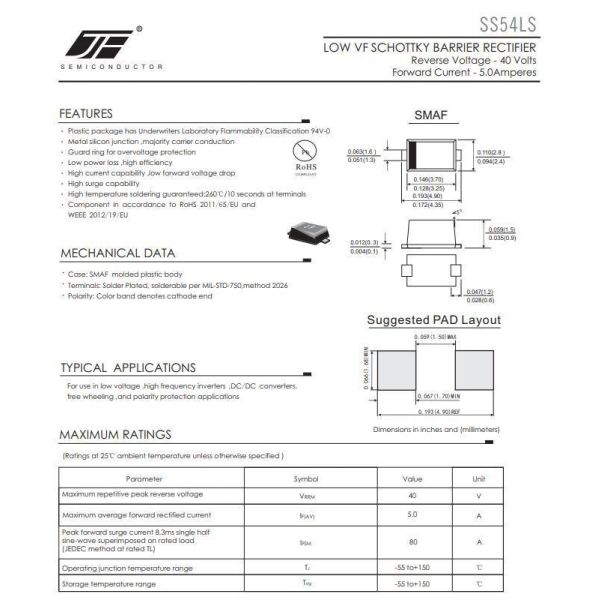 Alloy Structure SS54LS Series 5A Low VF Schottky Barrier Rectifier Diode with SMAF Package