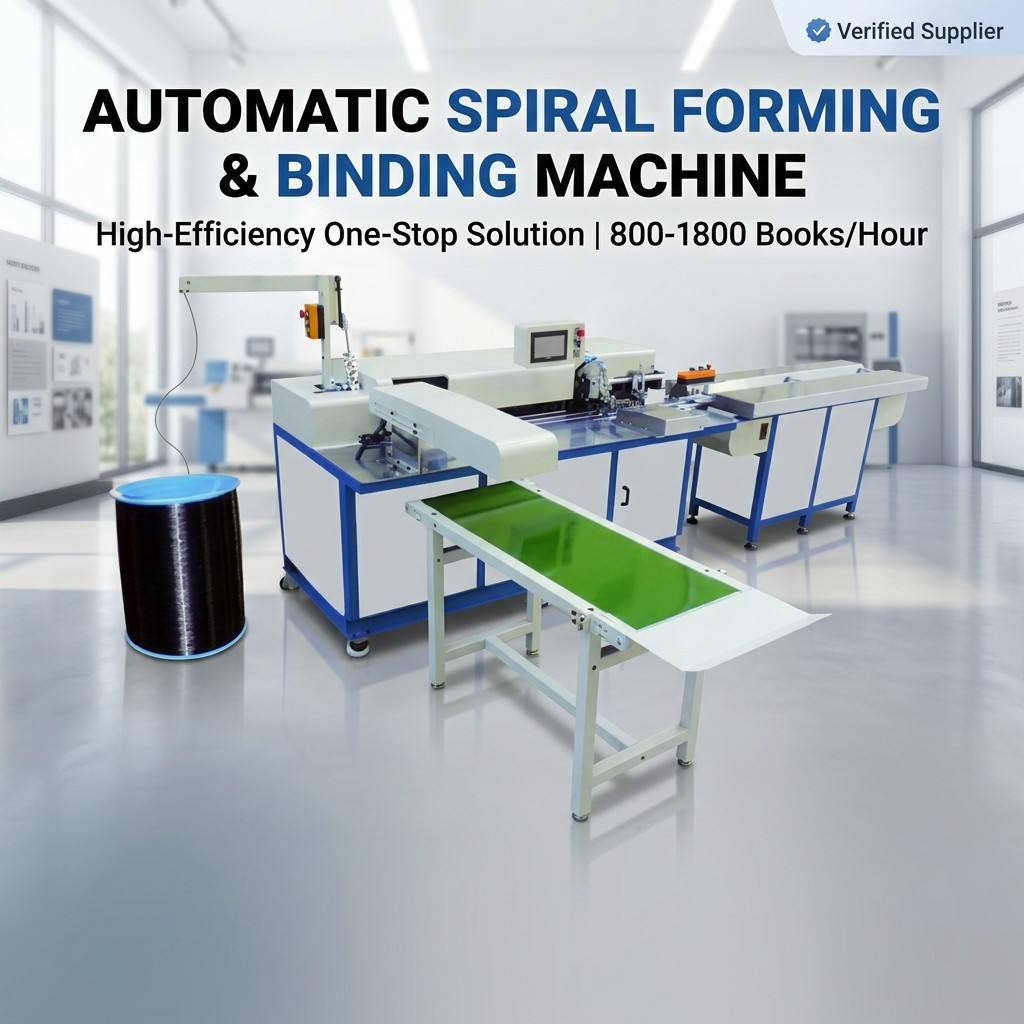 Automatic spiral binding machine overview showing complete production setup