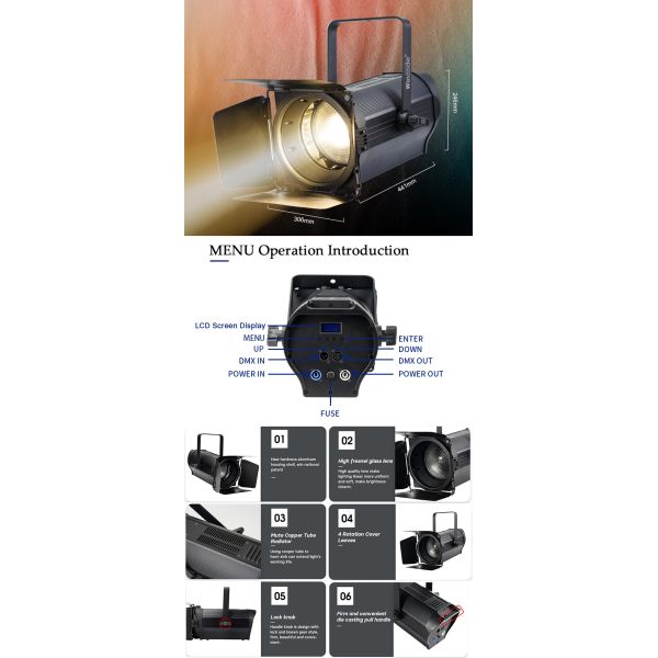 300W LED Fresnel Spotlight 3200K-5600K CRI90 DMX512 Control