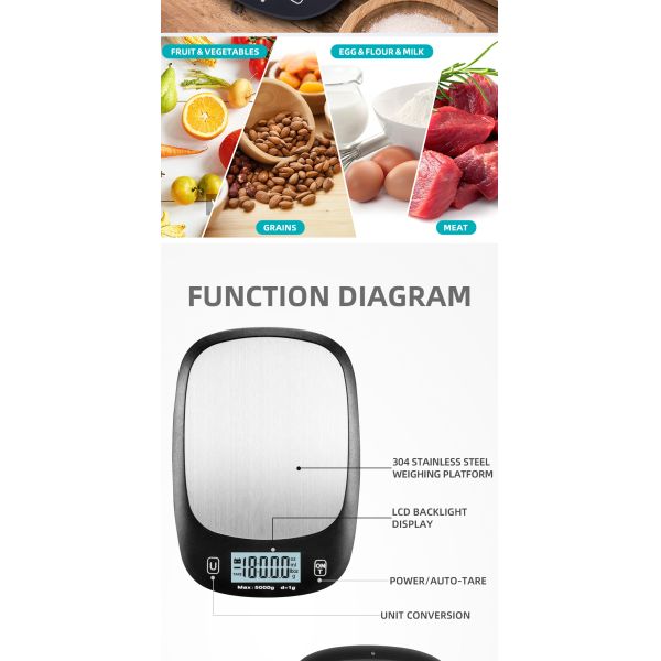 Solid Pattern Type Stainless Steel Electronic Kitchen Scale 5kg 11lb Weight Measuring Tool with Patented Technology