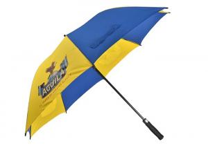 China Fiberglass Frame Blue Yellow Promotional Golf Umbrellas With EVA Foam Handle on sale