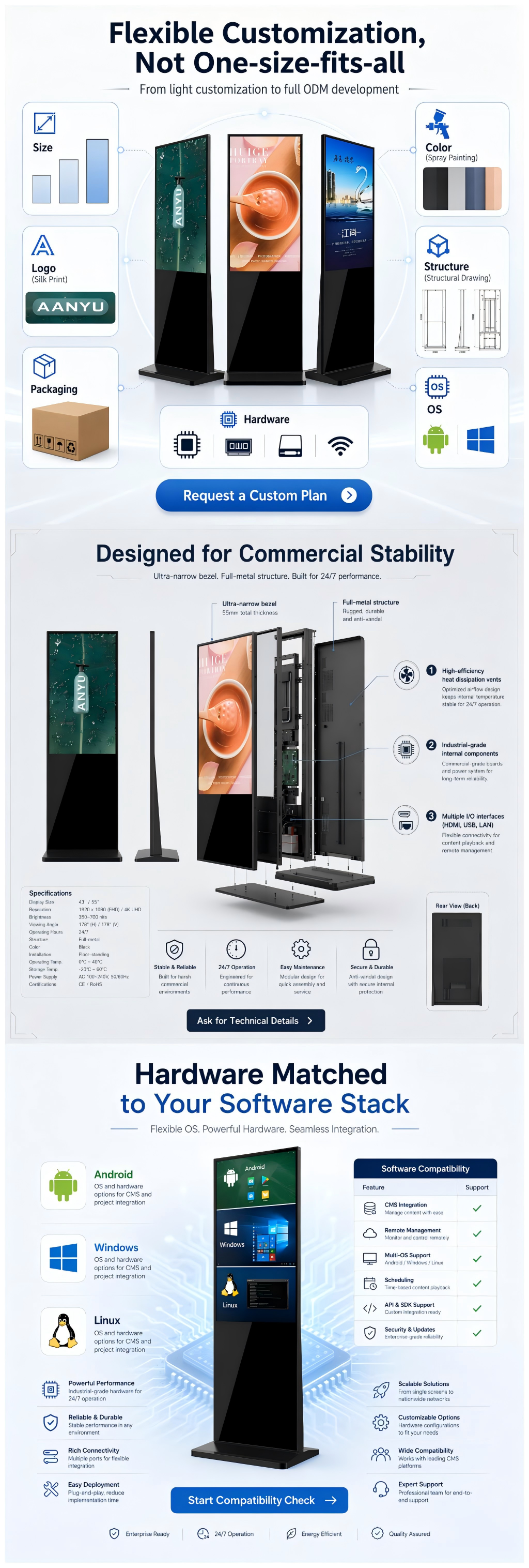 55 Inch Floor Standing LCD Digital Signage Display With Optional Touch Screen SDK Enabled OEM Available For Retail Stores