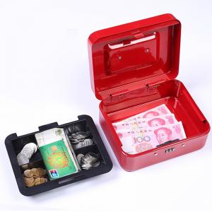 Quality Large Metal Money Security Safe Box Red Cash Box With Lock Key And Money Tray for sale
