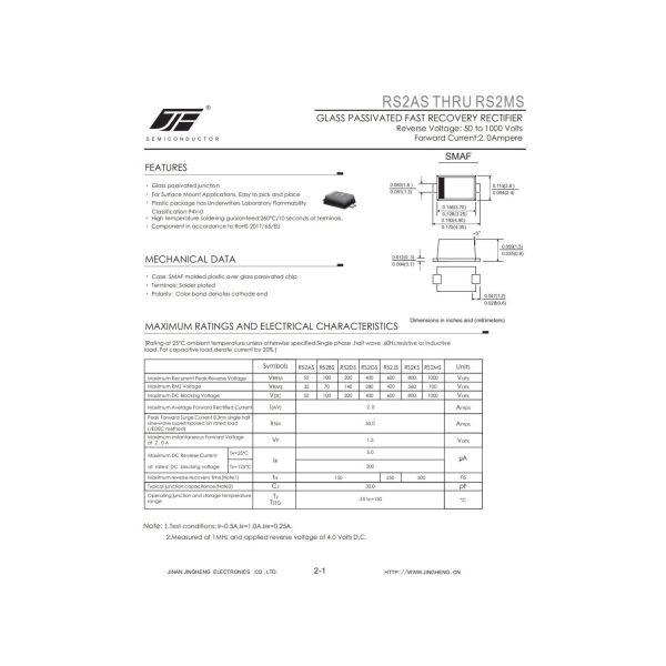 2A Fast Recovery Diode RS2DS RS2JS RS2MS in SMAF Structure with Package and Current