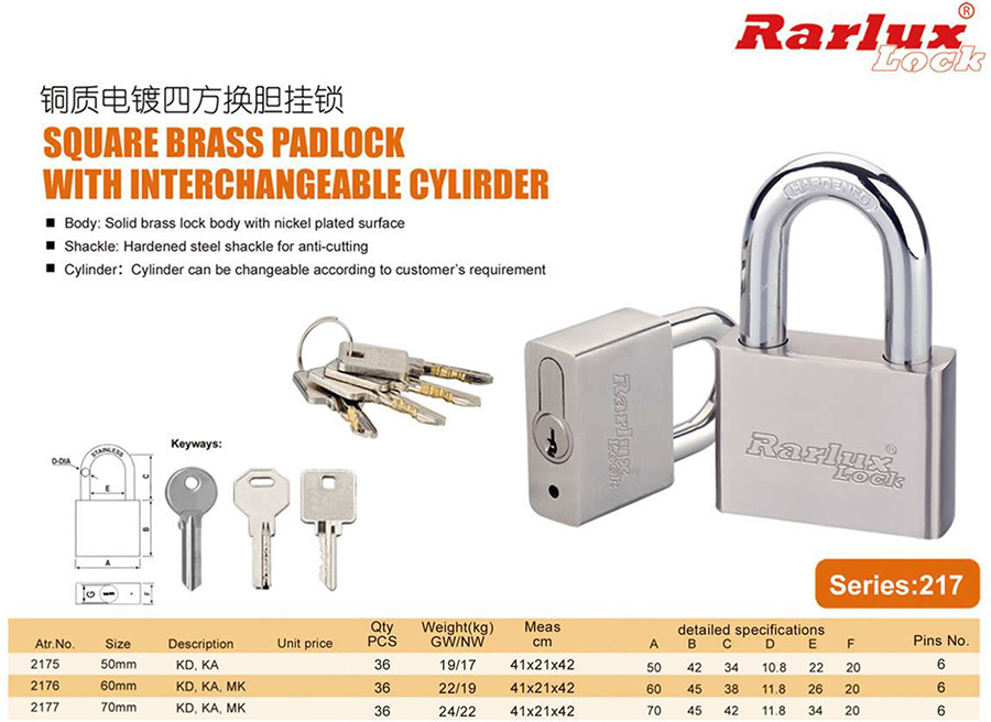 Square brass padlock with interchangeable cylinder mechanism