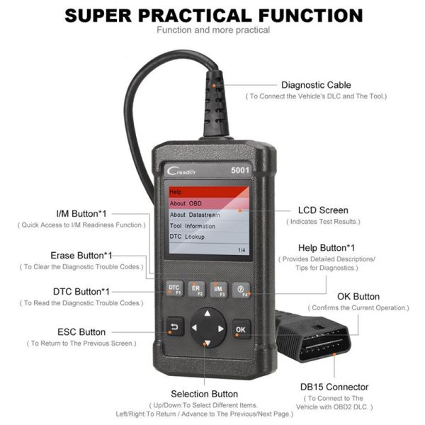 2018 Version CReader 5001 OBD2 Diagnostic Tool 12V 9W With AL519 LAUNCH Crea