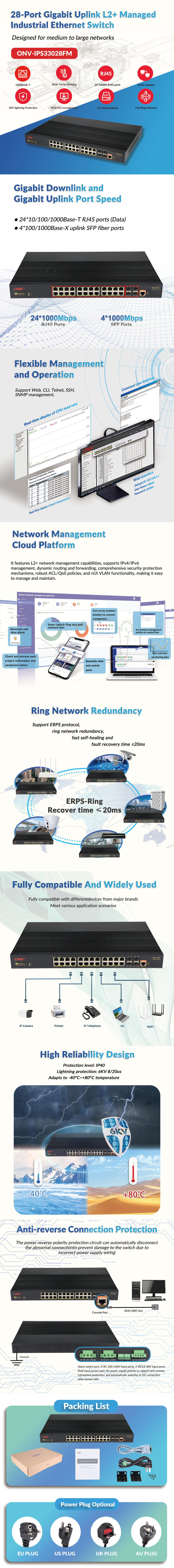 28 Port Gigabit Managed L2+ Industrial Ethernet Switch Shock Resistant Network Isolation