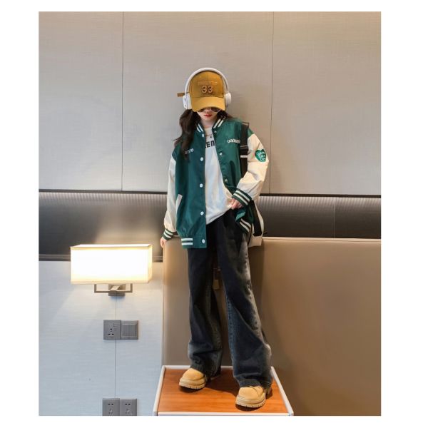 Spring Autumn Girls Printed Patchwork Baseball Jacket Windproof
