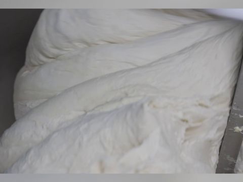 Smooth and elastic mixed pastry dough block on the ZLINE feeding conveyor, demonstrating a fully developed gluten network prior to the sheeting process.