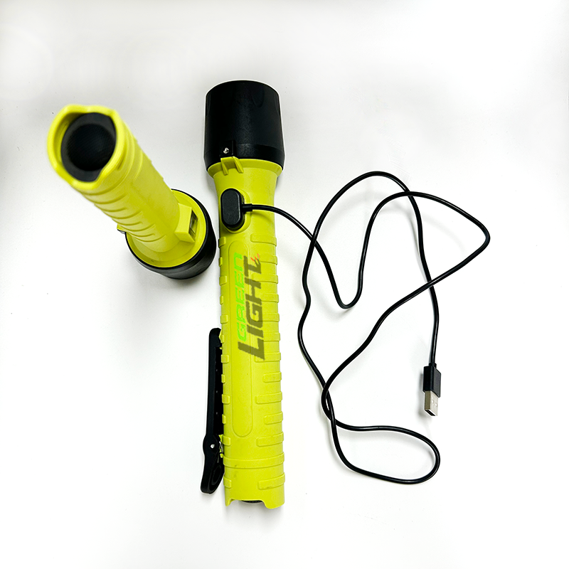 Torch in use with digital display showing battery level and settings