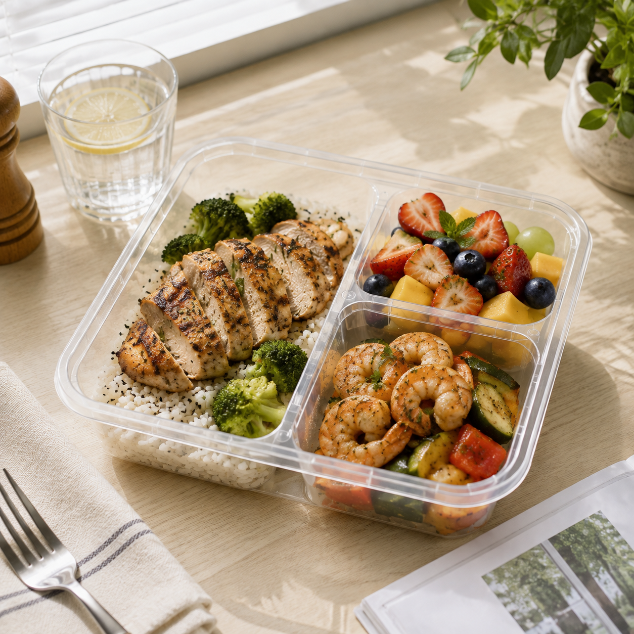Compact Three Section Clear PP Portion Control Container for Work Lunches